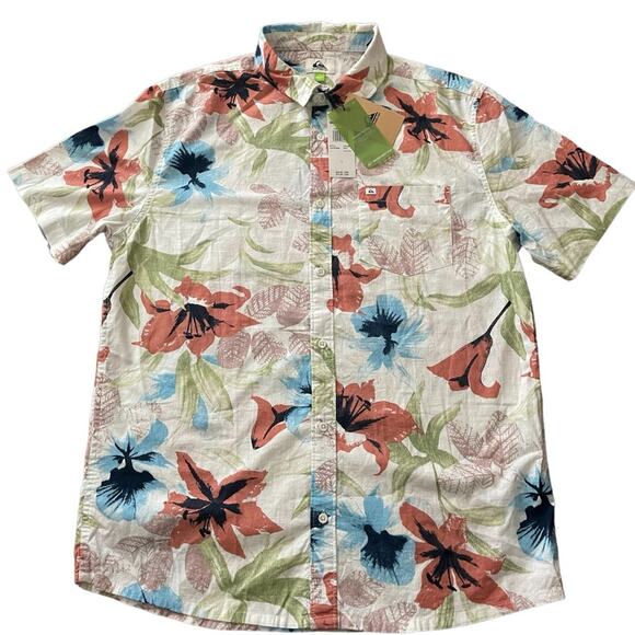 Quicksilver 100% Organic Cotton Button Down Tropical Hawaiian Shirt Size‎ L - Picture 1 of 4